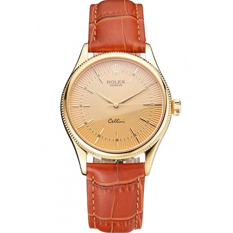 <span class='swissf'></span>Rolex Cellini Gold Dial And Markings Gold Case Light Brown Leather Strap