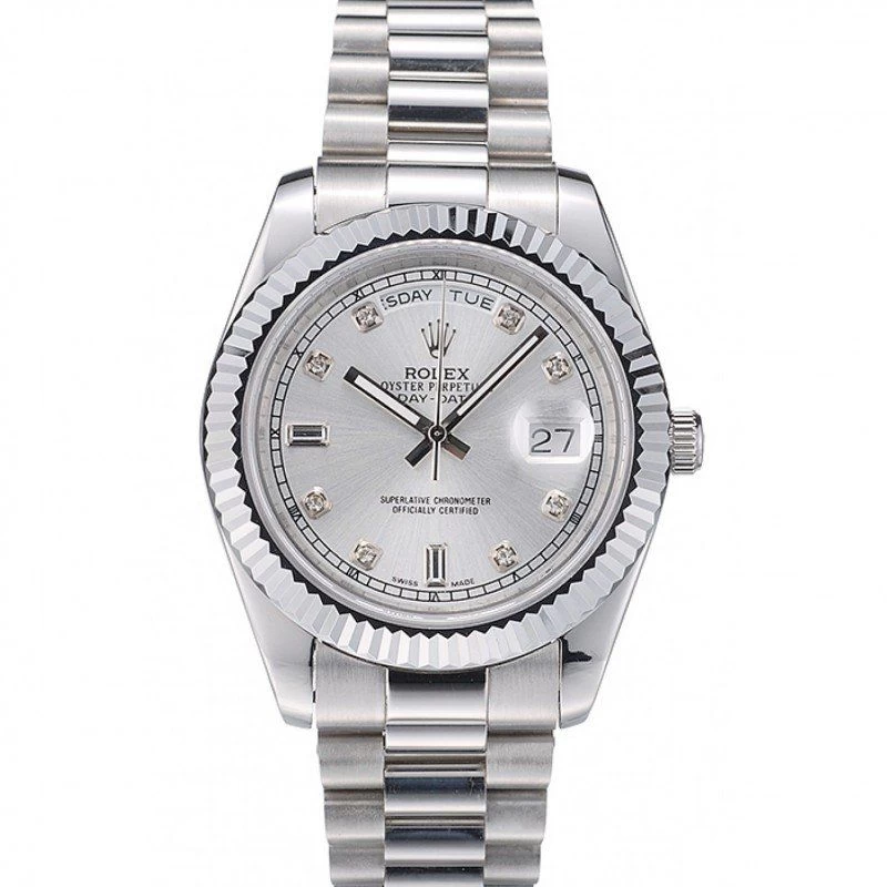 <span class='swissf'></span>Rolex DayDate Stainless Steel Ribbed Bezel Silver Dial 41995