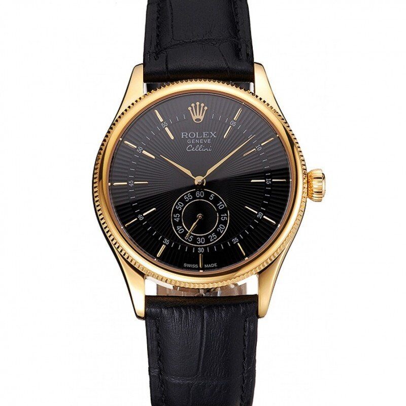 <span class='swissf'></span>Rolex Cellini Black Dial Gold Case Black Leather Strap