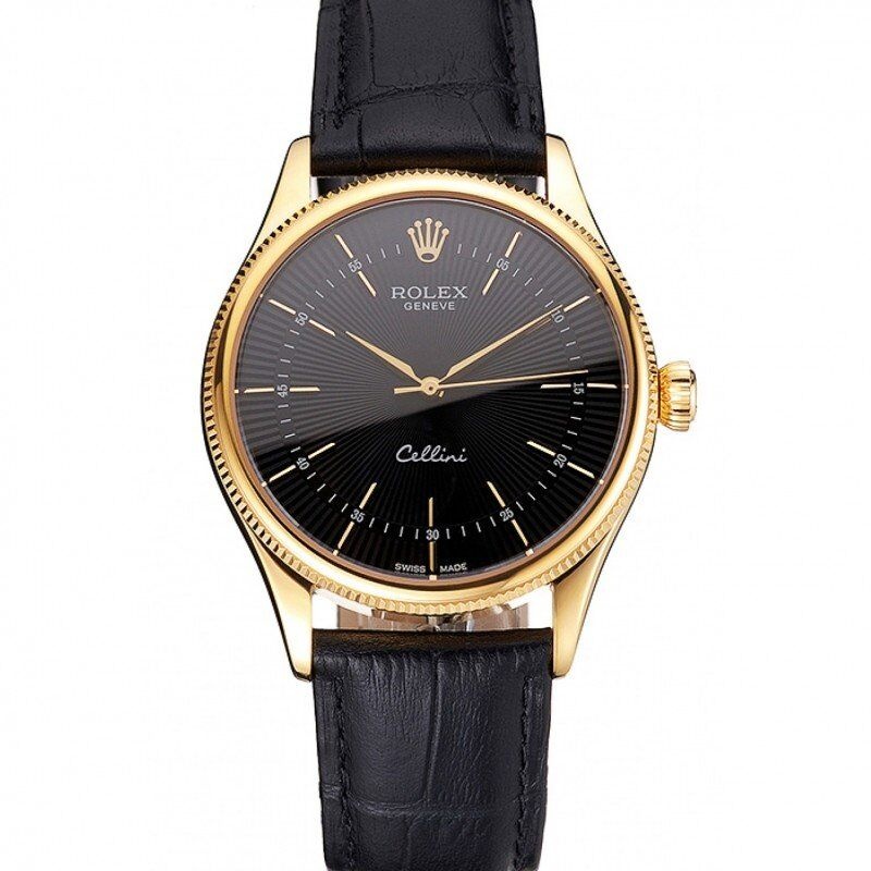<span class='swissf'></span>Rolex Cellini Black Dial Gold Markings Gold Case Black Leather Strap