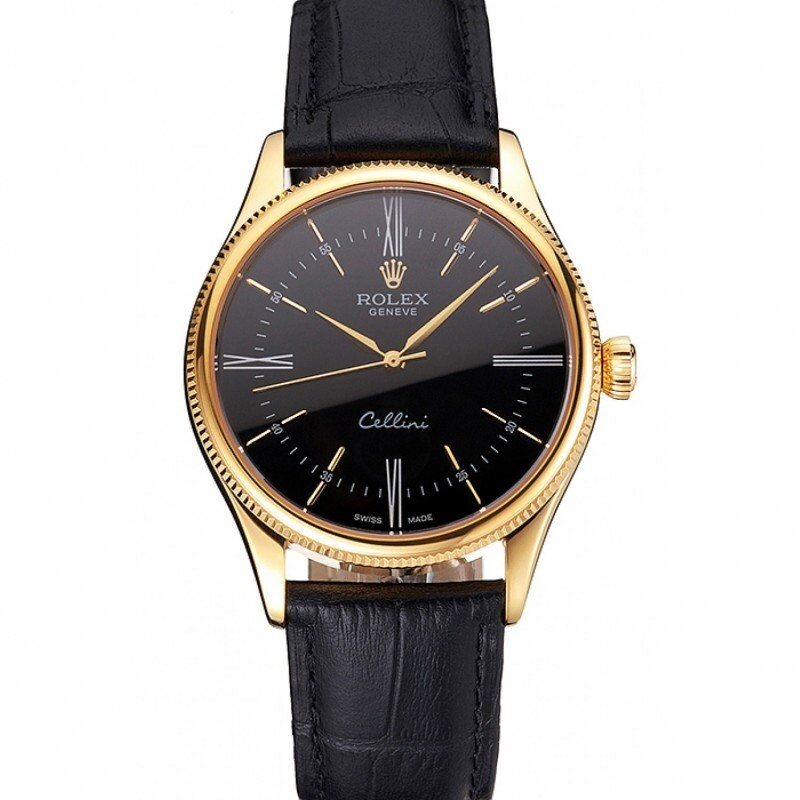 <span class='swissf'></span>Rolex Cellini Black Dial Roman Numerals Gold Case Black Leather Strap