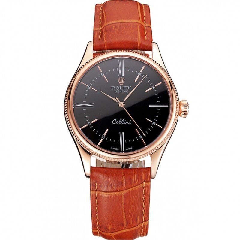 <span class='swissf'></span>Rolex Cellini Black Dial Roman Numerals Rose Gold Case Light Brown Leather Strap