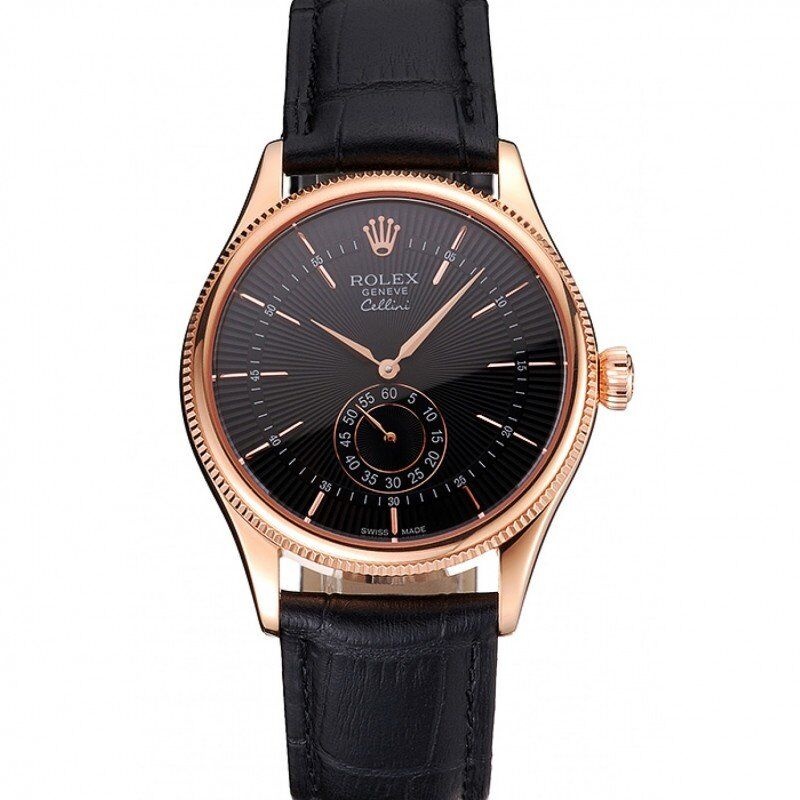 <span class='swissf'></span>Rolex Cellini Black Dial Rose Gold Case Black Leather Strap