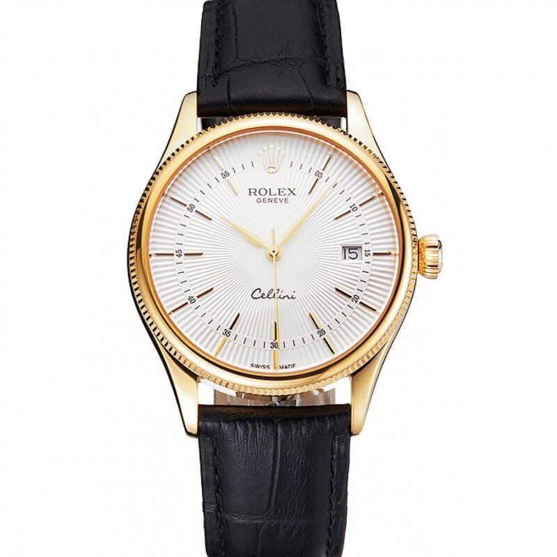 <span class='swissf'></span>Rolex Cellini Date White Dial Gold Case Black Leather Strap