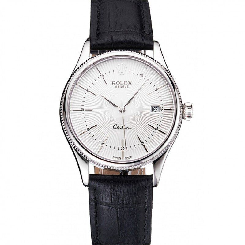 <span class='swissf'></span>Rolex Cellini Date White Dial Stainless Steel Case Black Leather Strap