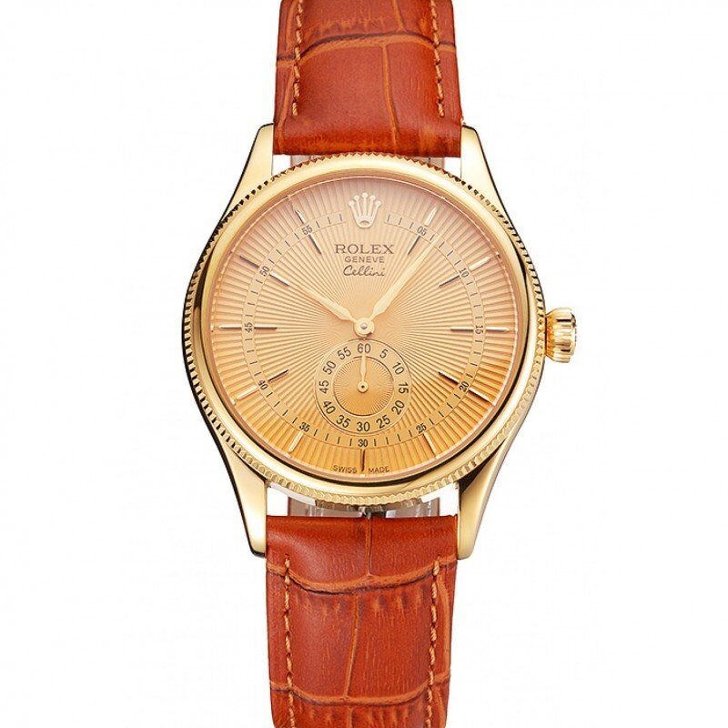 <span class='swissf'></span>Rolex Cellini Gold Dial Gold Case Light Brown Leather Strap