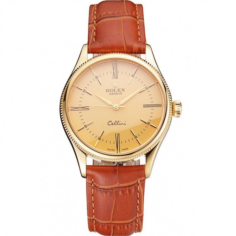 <span class='swissf'></span>Rolex Cellini Gold Dial Roman Numerals Gold Case Light Brown Leather Strap