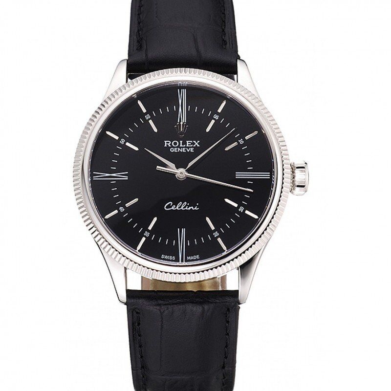 <span class='swissf'></span>Rolex Cellini Time Silver Case Black Dial Black Leather Bracelet 622654