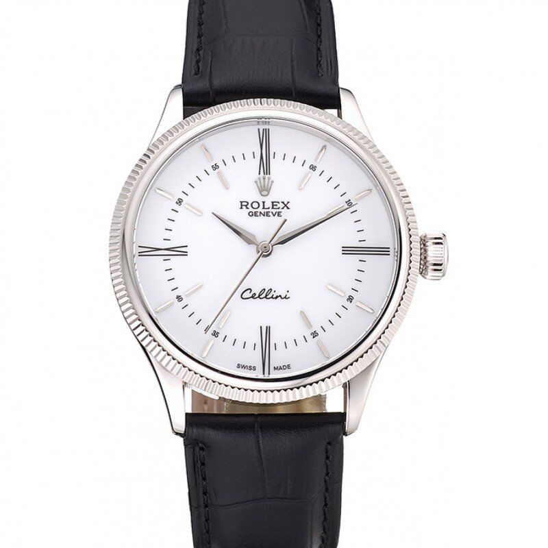 <span class='swissf'></span>Rolex Cellini Time Silver Case White Dial Black Leather Bracelet 622653