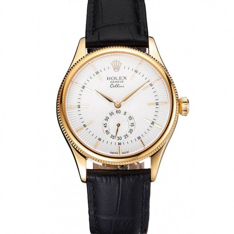 <span class='swissf'></span>Rolex Cellini White Dial Gold Case Black Leather Strap