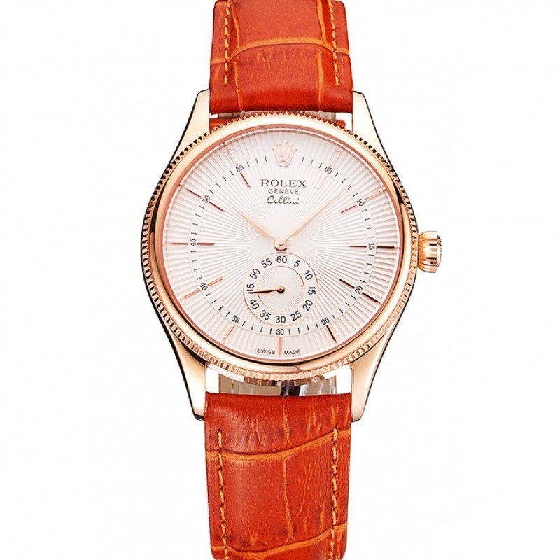 <span class='swissf'></span>Rolex Cellini White Dial Rose Gold Case Light Brown Leather Strap