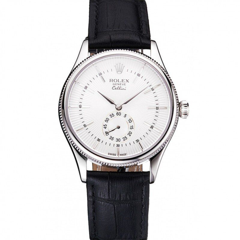 <span class='swissf'></span>Rolex Cellini White Dial Stainless Steel Case Black Leather Strap