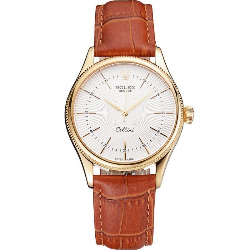 <span class='swissf'></span>Rolex Cellini White Guilloche Dial Gold Case Light Brown Leather Strap