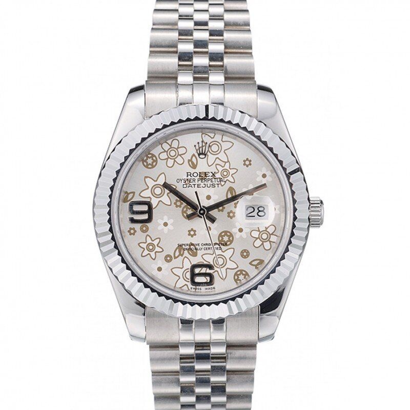 <span class='swissf'></span>Rolex DateJust Stainless Steel Ribbed Bezel Flower Silver Dial 42001