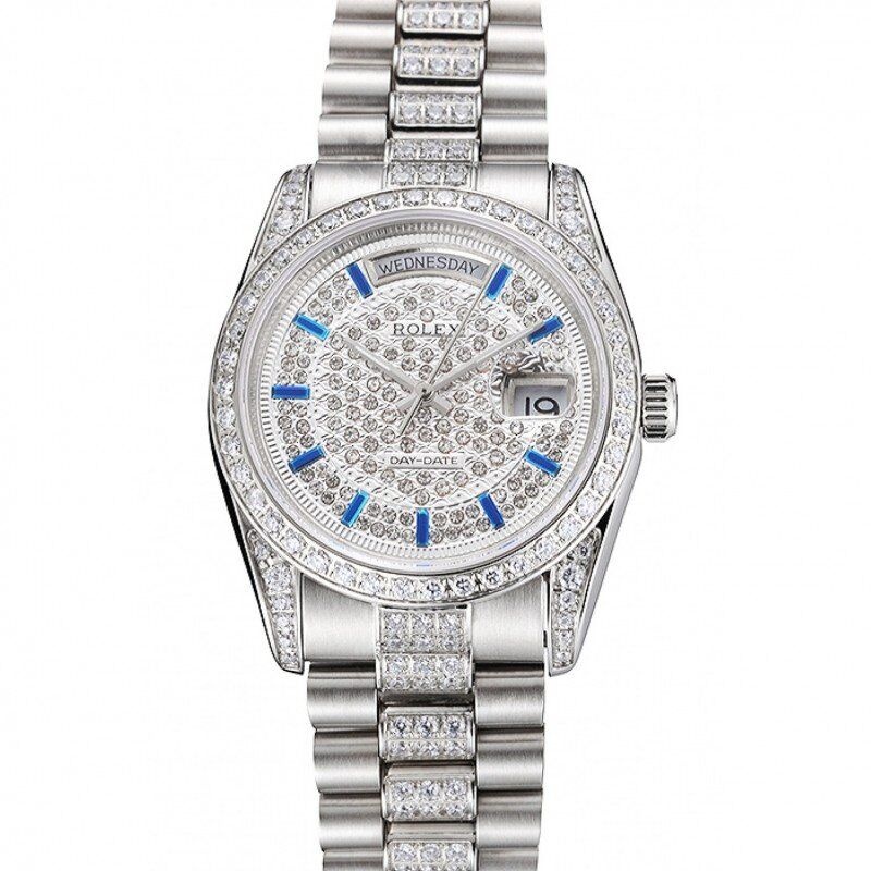 <span class='swissf'></span>Rolex Day-Date Diamond Pave Dial And Bezel And Stainless Steel Bracelet
