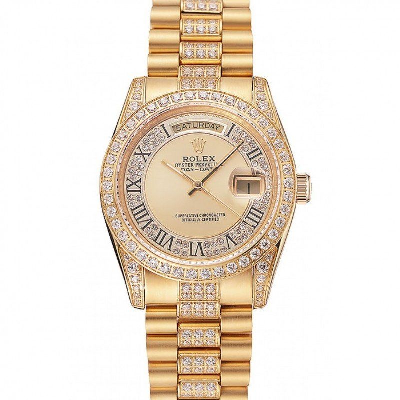 <span class='swissf'></span>Rolex Day-Date Diamond Pave Gold Dial Gold Diamond Bracelet 1453954