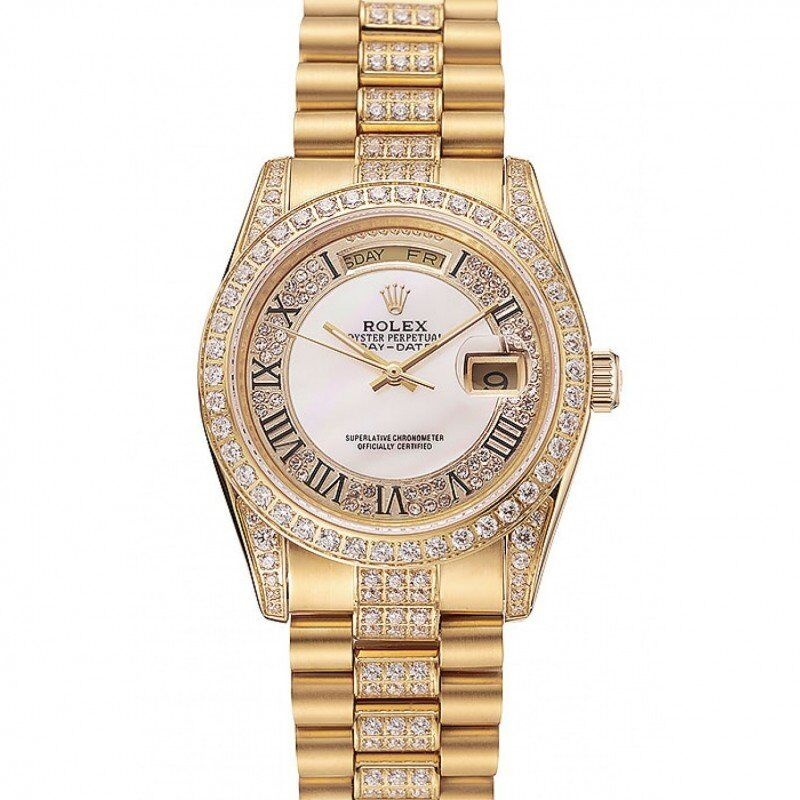 <span class='swissf'></span>Rolex Day-Date Diamond Pave White Dial Gold Diamond Bracelet 1453958