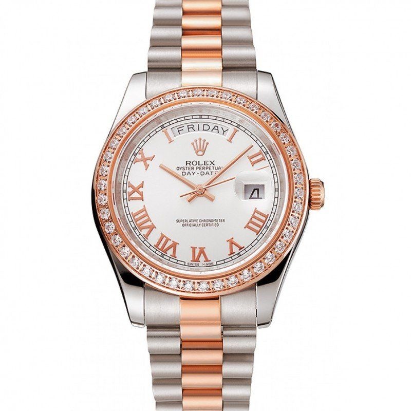 <span class='swissf'></span>Rolex Day-Date Diamonds Bezel White Dial Rose Gold And Staineless Steel Bracelet 1454108