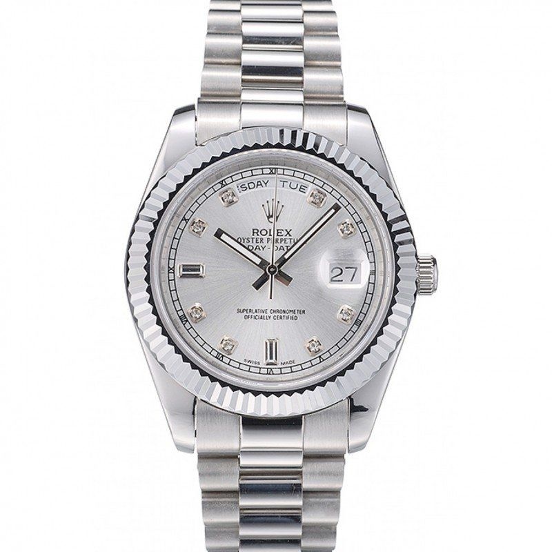 <span class='swissf'></span>Rolex DayDate Stainless Steel Ribbed Bezel Silver Dial 41995