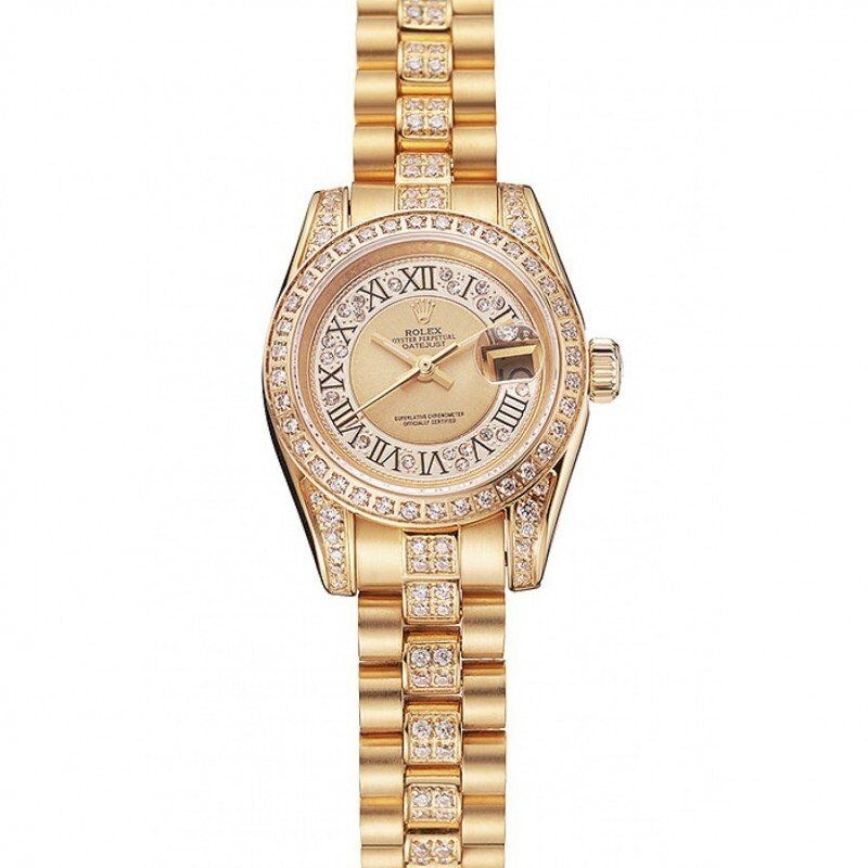 <span class='swissf'></span>Rolex DayJust Diamond Pave Gold Dial Gold Diamond Bracelet 1453953
