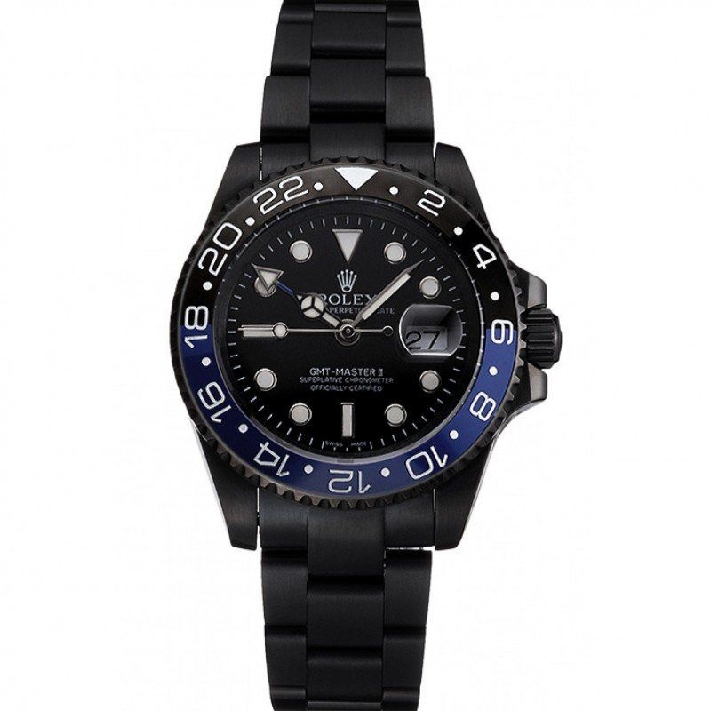 <span class='swissf'></span>Rolex GMT Master II Black Dial Blue And Black Bezel Black PVD Case And Bracelet PR18239