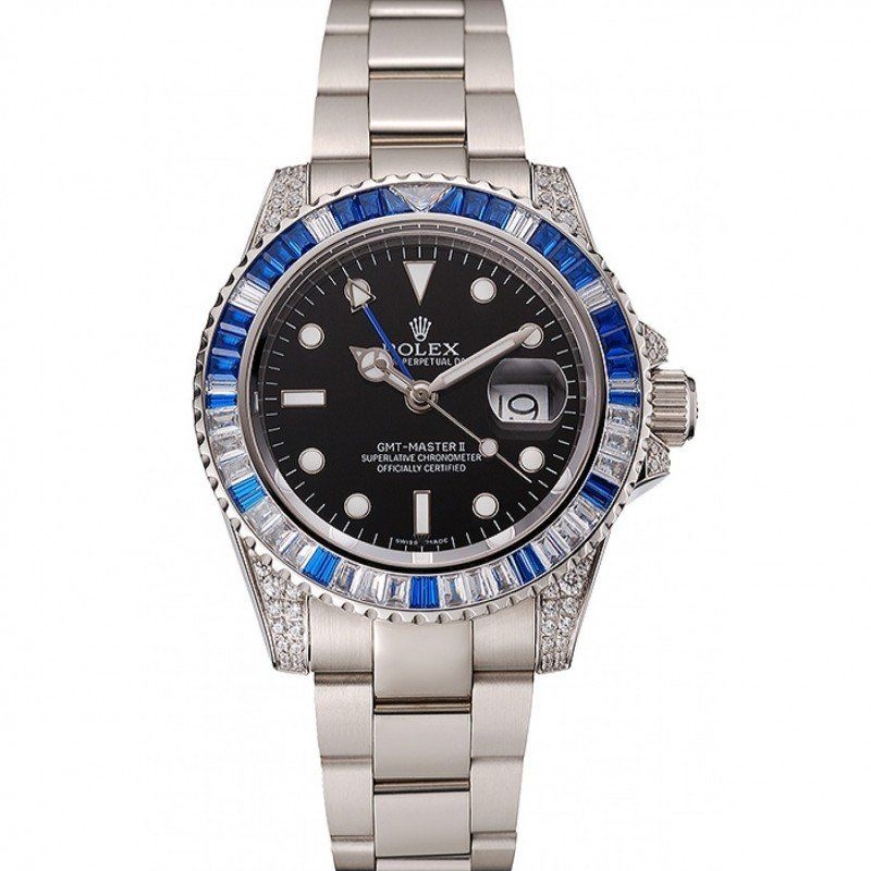<span class='swissf'></span>Rolex GMT Master II Black Dial Stone Set Bezel Stainless Steel Case And Bracelet 1453747