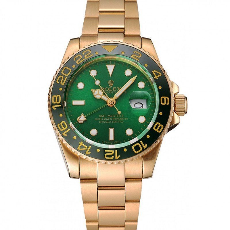 <span class='swissf'></span>Rolex GMT Master II Green Dial And Bezel Gold Case And Bracelet 1453750