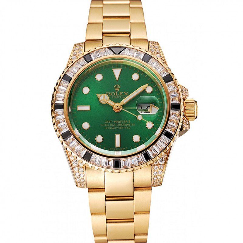<span class='swissf'></span>Rolex GMT Master II Green Dial Stone Set Bezel Gold Case And Bracelet 1453748
