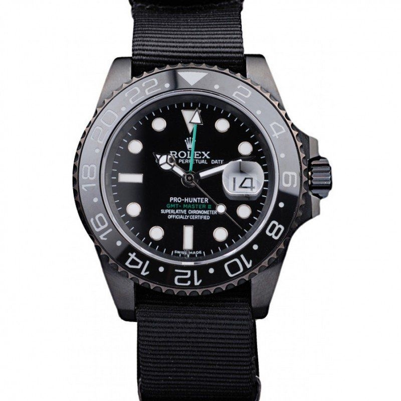 <span class='swissf'></span>Rolex GMT Master II Pro-Hunter Black Fabric Strap Black Dial