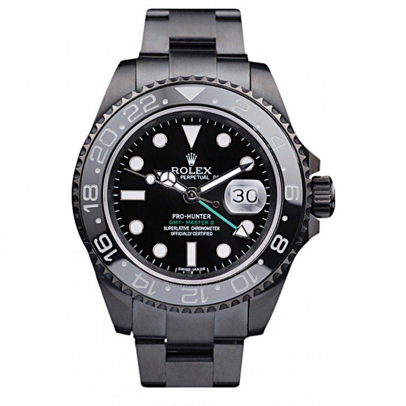 <span class='swissf'></span>Rolex GMT Master II Pro-Hunter Black Steel Strap Black Dial
