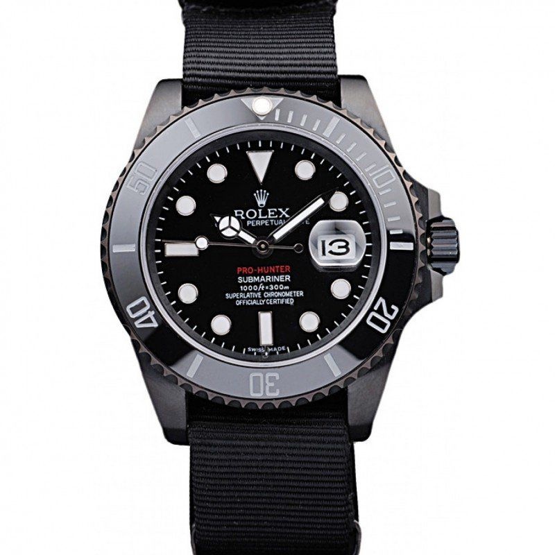 <span class='swissf'></span>Rolex Submariner Pro-Hunter Black Fabric Strap Black Dial
