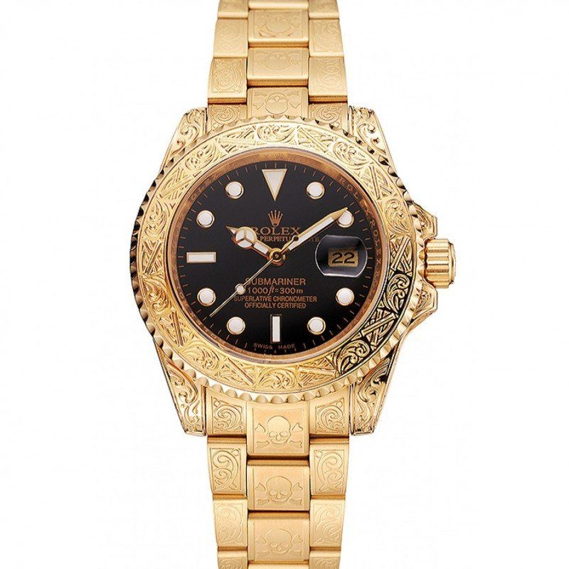<span class='swissf'></span>Rolex Submariner Skull Limited Edition Black Dial Gold Case And Bracelet 1454071