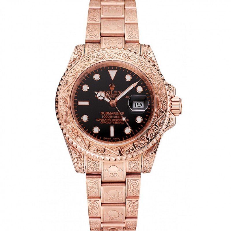 <span class='swissf'></span>Rolex Submariner Skull Limited Edition Black Dial Rose Gold Case And Bracelet 1454086